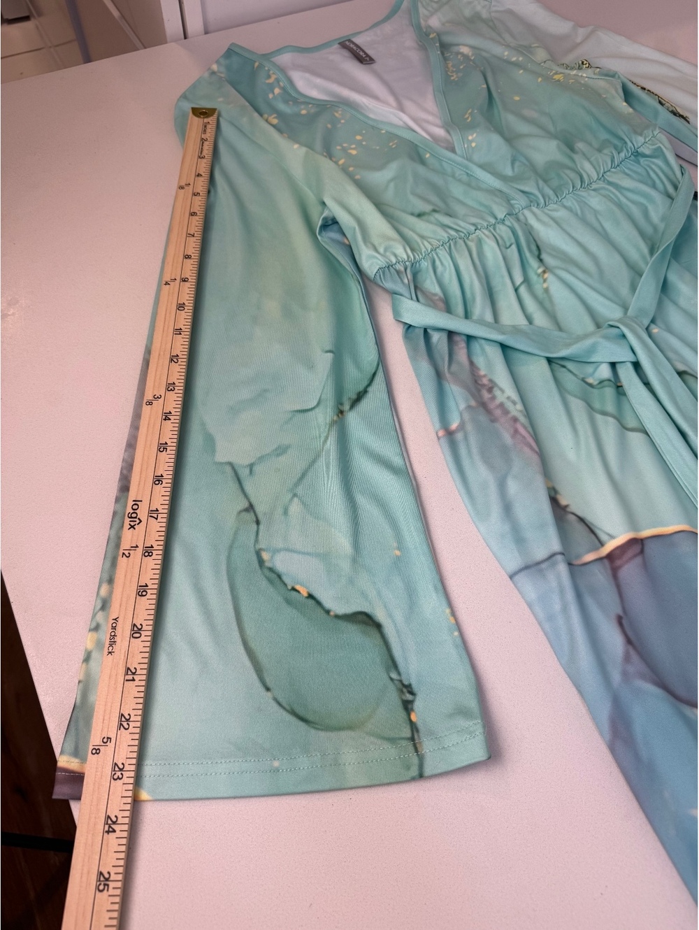 Long Sleeve Maxi Dress with Abstract Aqua and Gold Print - Picture 9 of 13